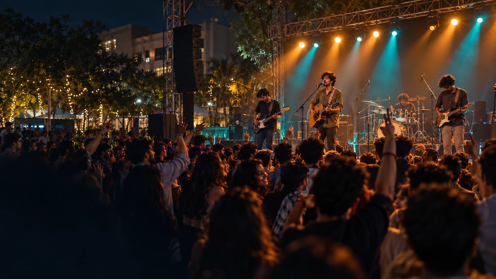 Students enjoying a live band performance at an outdoor college cultural festival